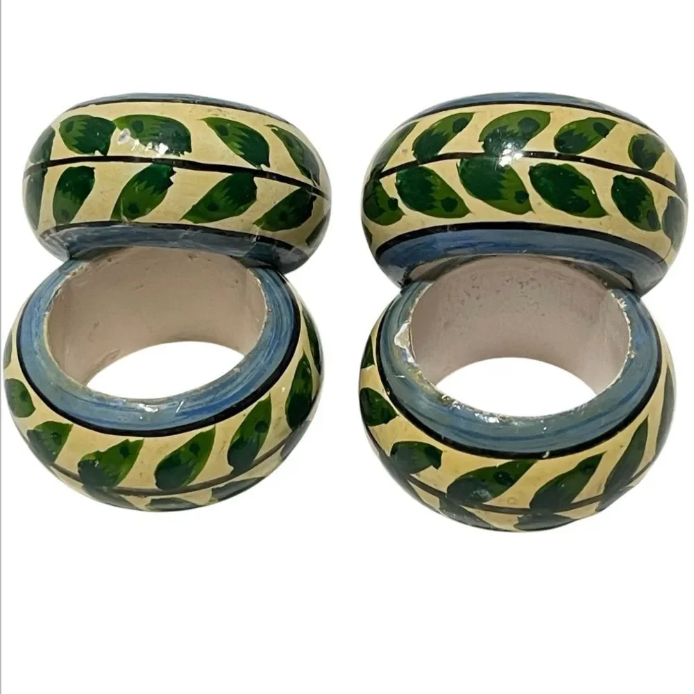Hand Painted Green Leaf Vine Napkin Rings Multicolor Shabby Chic Cottage 4 Set